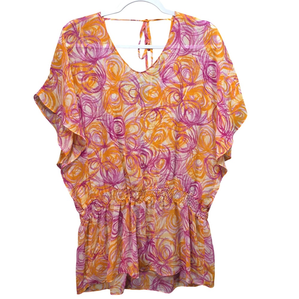 Gilligan and OMalley Luxe Pink Orange Blouse Abstract Swirl Smocked Waist Sz XL